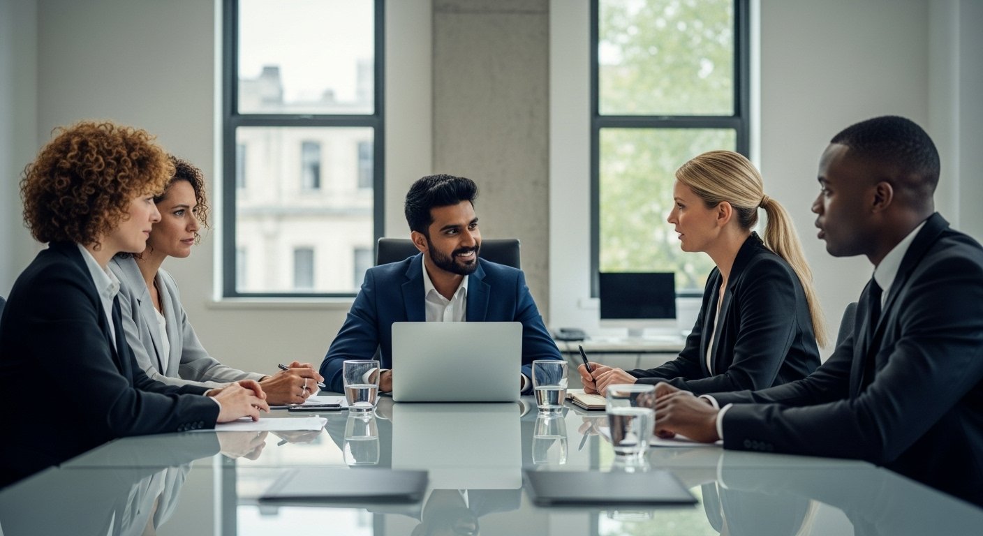 A diverse team of professionals in a strategic meeting, representing a successful partnership.