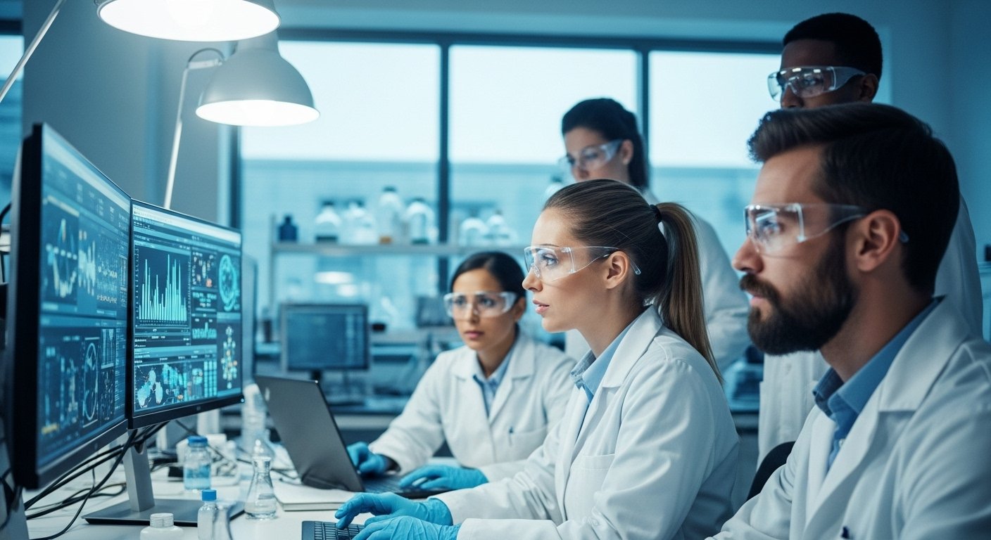Scientist working in a modern biopharma laboratory.